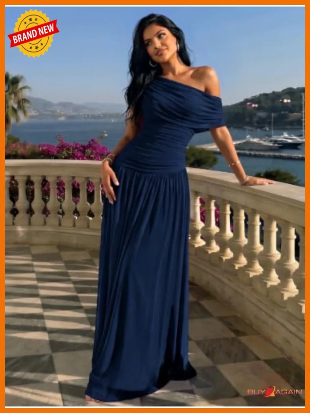 AISIZE One Shoulder Ruched Stretch Mesh Maxi Formal Dress